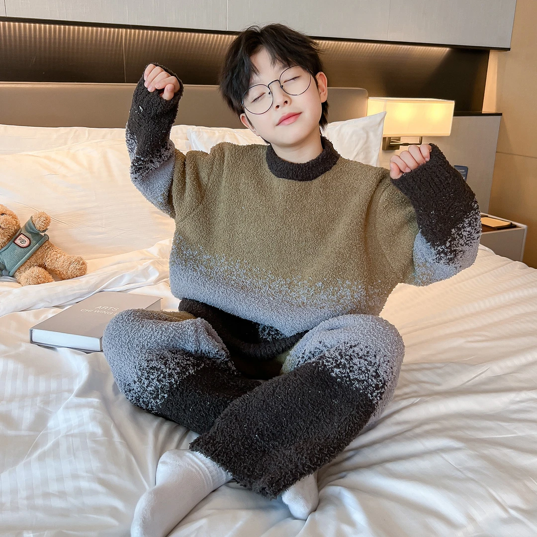 儿童装男童睡衣秋冬款加绒冬季加厚法兰绒男孩家居服珊瑚绒中大童