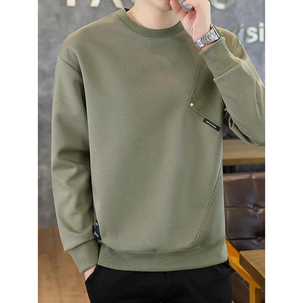 ICCLEK圆领卫衣男2025新款春秋季潮流T恤拼接休闲运动长袖打底衫