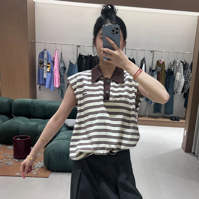 AVVENN2025夏季设计师新品POLO领无袖上衣显瘦下摆收腰背心宽松