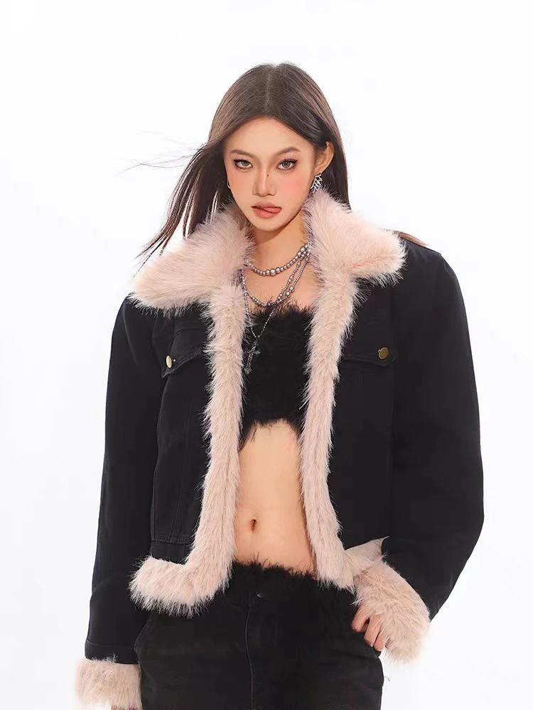 B毛绒拼接洗水牛仔外套9601