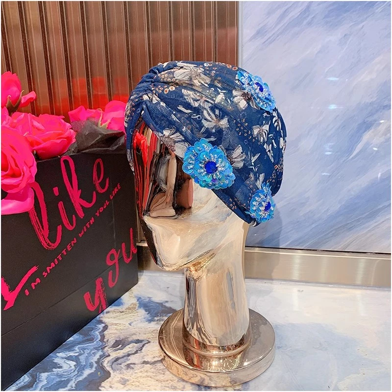 HH4327欧美风设计师2024夏季新款重工钉珠亮片花色网纱发带发帽女