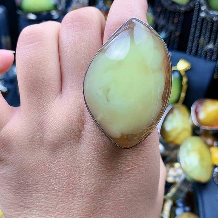 琥珀裸石银S925镶嵌戒指