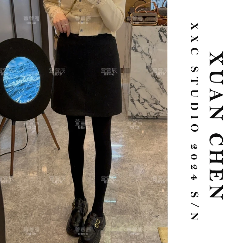 【黑精灵】韩版修身显瘦黑色包臀裙秋季洋气百搭呢料小短裙#3728