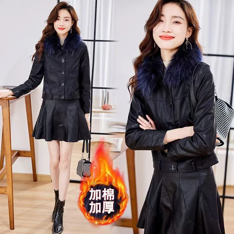 998#【衣长53】冬季轻职风短款拼接长袖皮衣上衣外套显瘦毛领外套