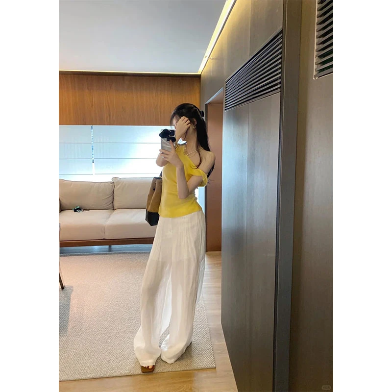 2025夏季新款短款设计修身针织t斜肩上衣高腰垂感松弛感裤子套装