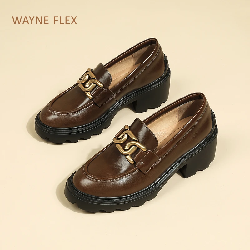 韦恩Wayneflex女鹿皮鞋小皮鞋粗跟单鞋复古乐福鞋高跟鞋2167