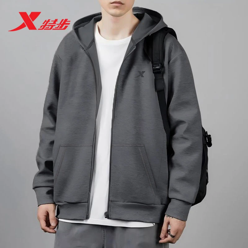 特步美式开衫外套男士秋季2025新款男青少年运动连帽男款卫衣正品