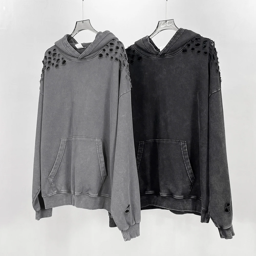 vibe重磅黑武士高街水洗做旧破坏美式盔甲帽衫破洞连帽卫衣男宽松