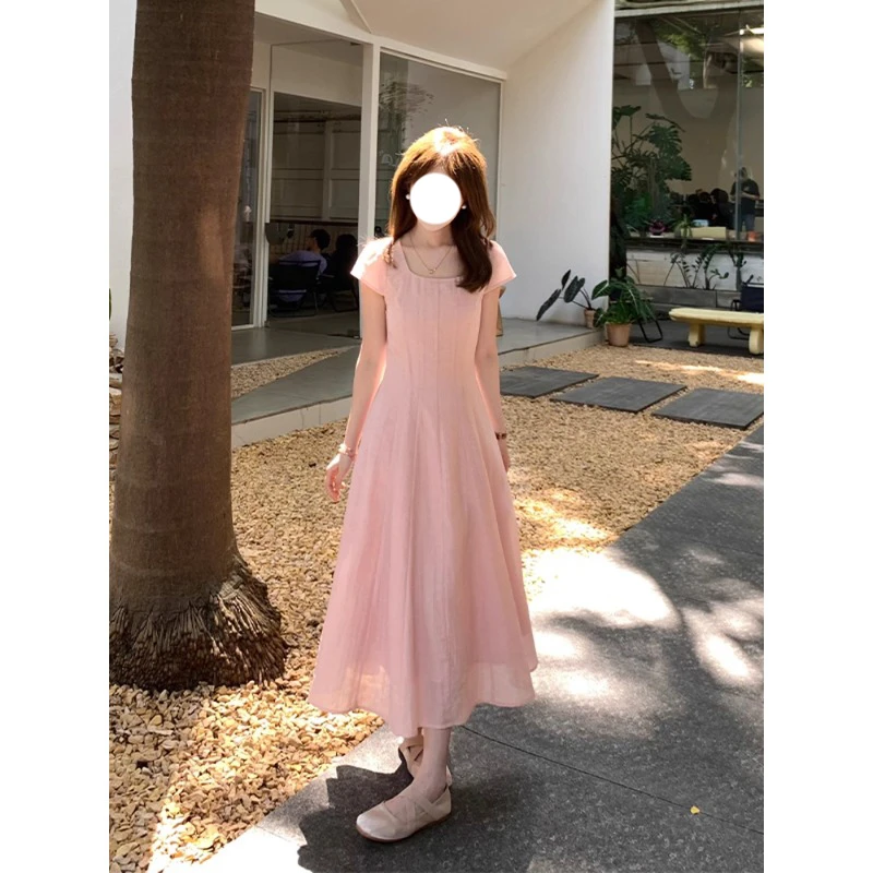 小个子短袖高级感显瘦连衣裙夏季新款高腰极简温柔方领法式小裙子