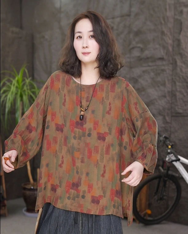 大码复古数码印花长袖t恤休闲百搭上衣女