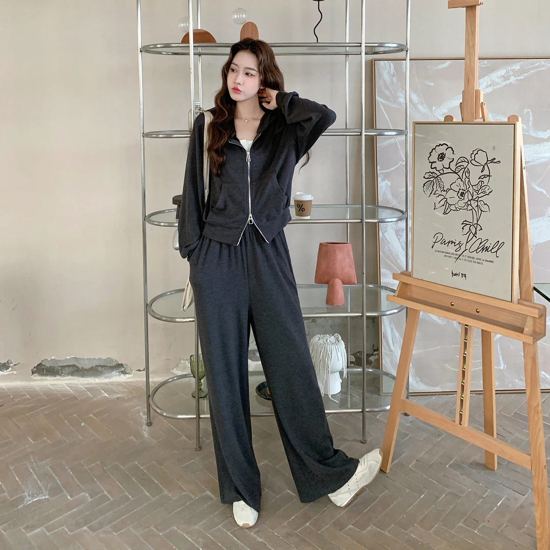 深灰色休闲百搭两件套女2025秋新款韩系松弛连帽卫衣阔腿裤两件套