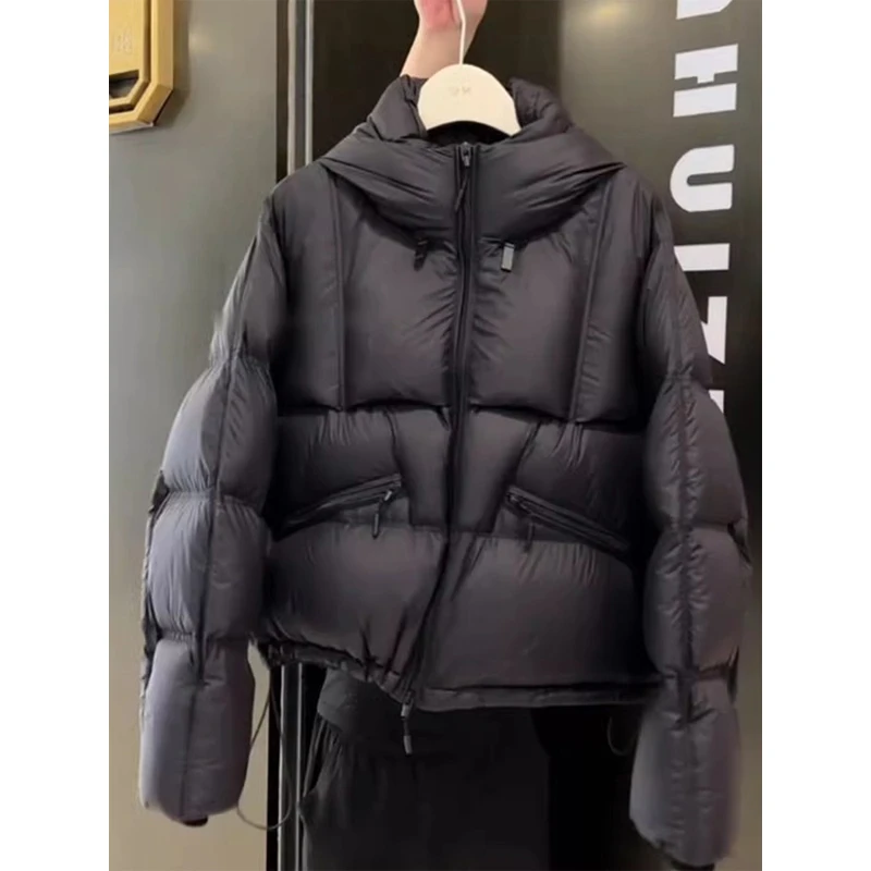 黑色显瘦休闲连帽棉服外套女2024冬季高级感时尚百搭独特保暖上衣