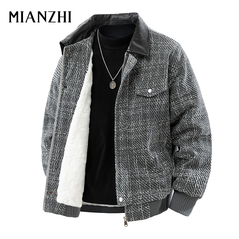 棉致翻领夹克男加绒加厚保暖宽松小香风格纹休闲加肥加大码外套男