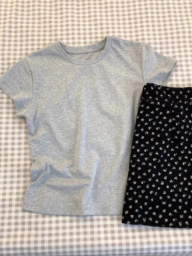 日系甜美灰色慵懒学生休闲短袖T恤女夏季修身显瘦小个子上衣t恤