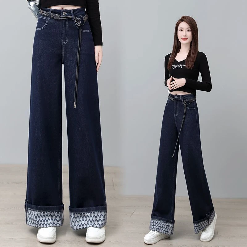 潮流设计感翻边阔腿牛仔裤女春秋季新款时尚宽松显瘦休闲直筒裤子