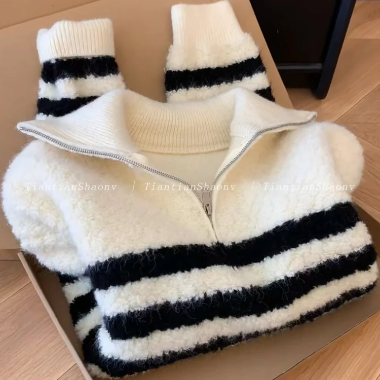 自留款推荐~撞色条纹半拉链翻领长袖针织衫女冬季奶fufu软糯毛衣