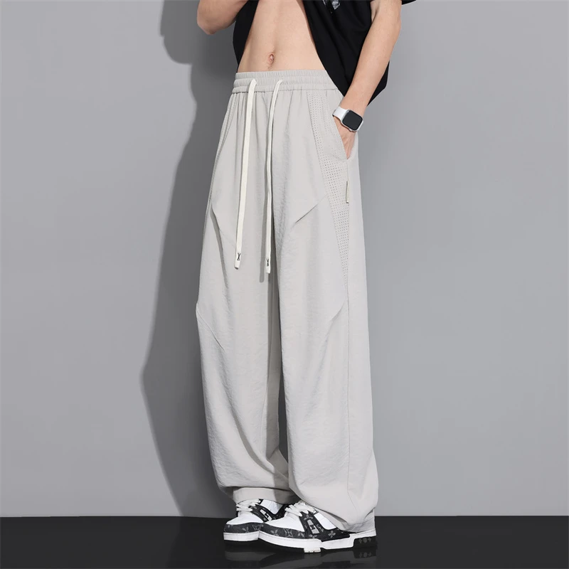 夏季薄款青少年男士冰丝休闲长裤美式潮流百搭直筒宽松阔腿弯刀裤