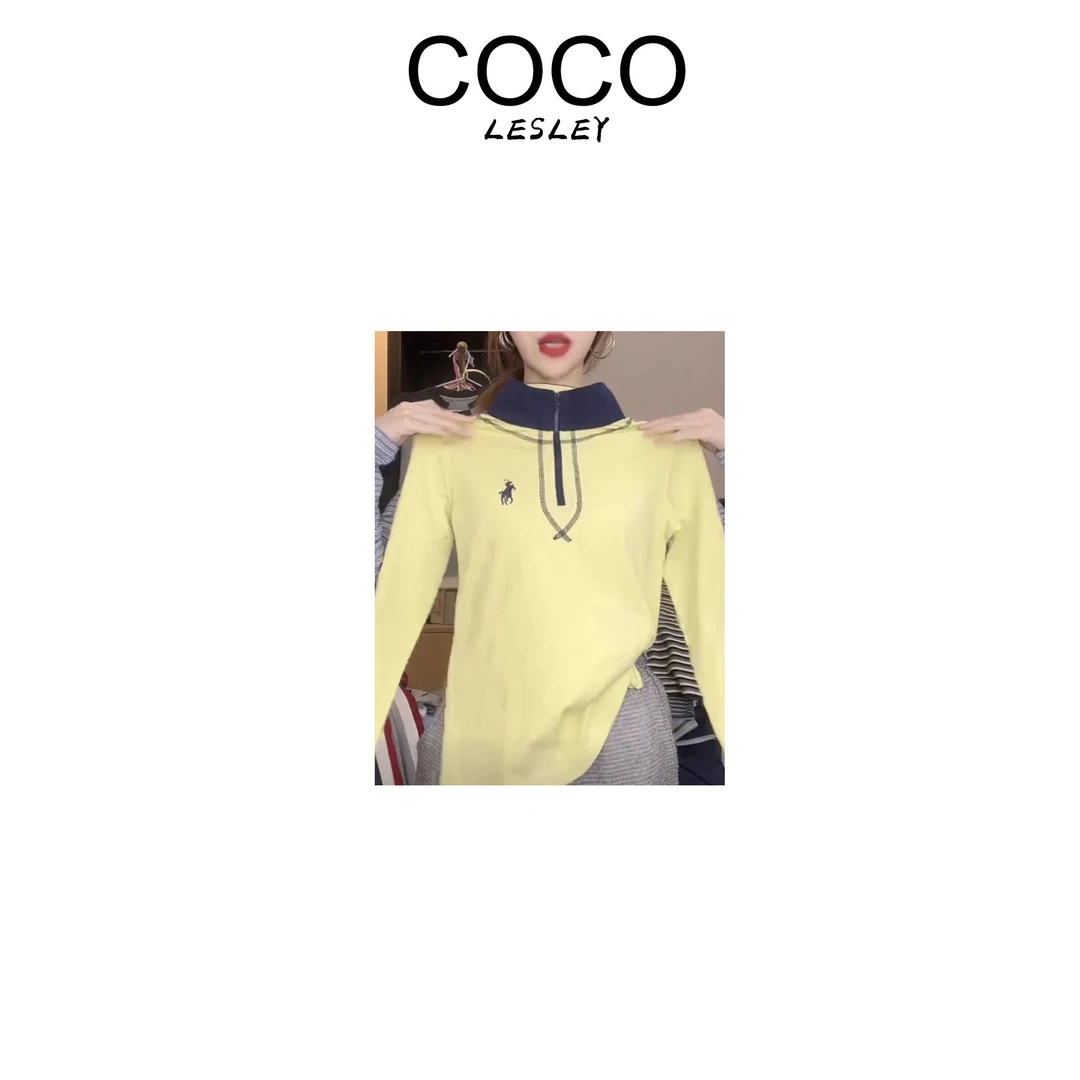 【COCO LESLEY】韩系拼色半拉链立领长袖T恤休闲简约百搭打底衫8086