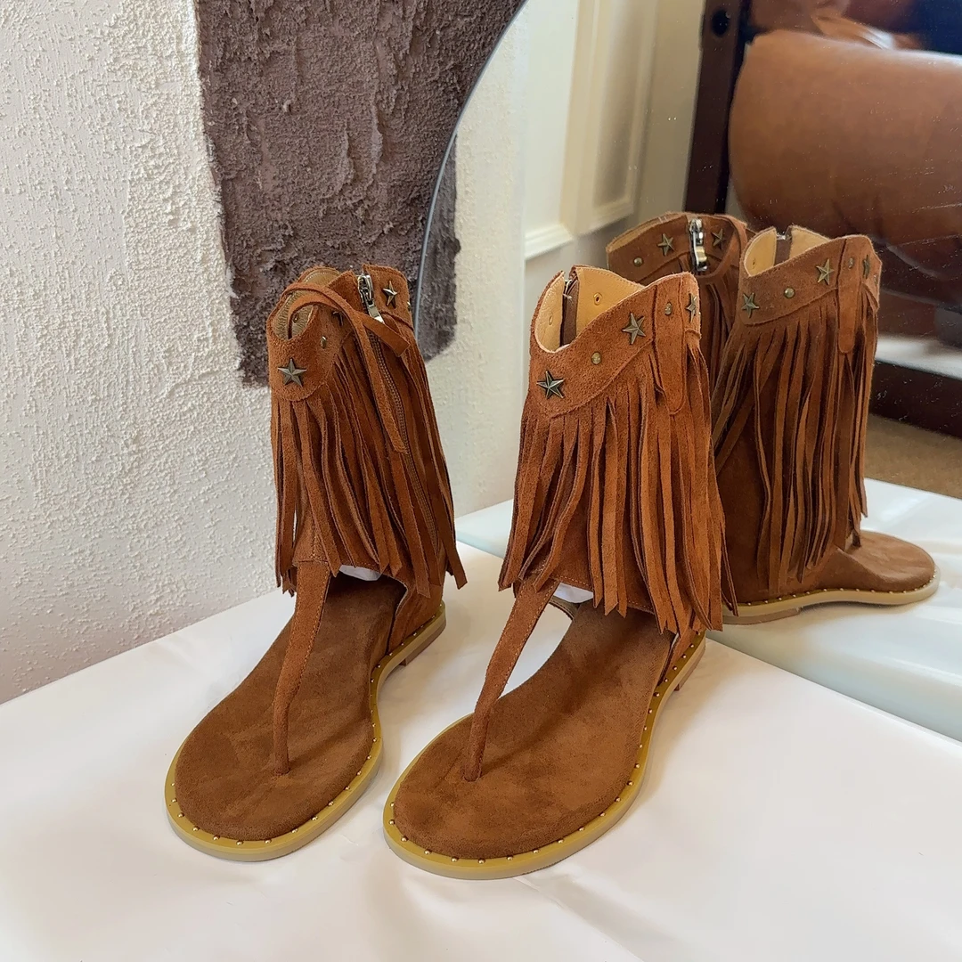 【六呈六】牛皮/5CM/波西米亚风流苏英伦风夹趾沙滩罗马凉靴女外穿