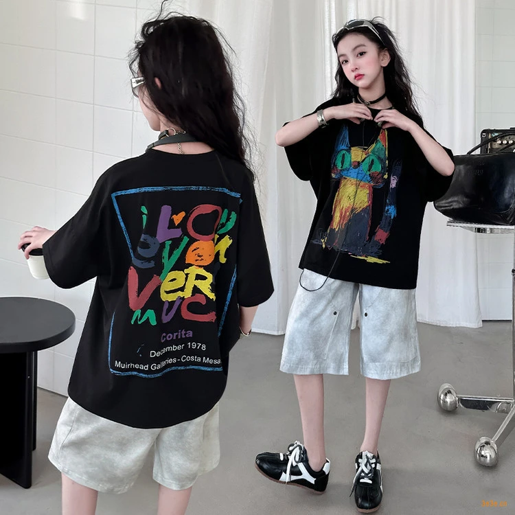 女童夏季酷飒超好看套装女大童个性印花短袖t恤脏脏短裤薄款夏装