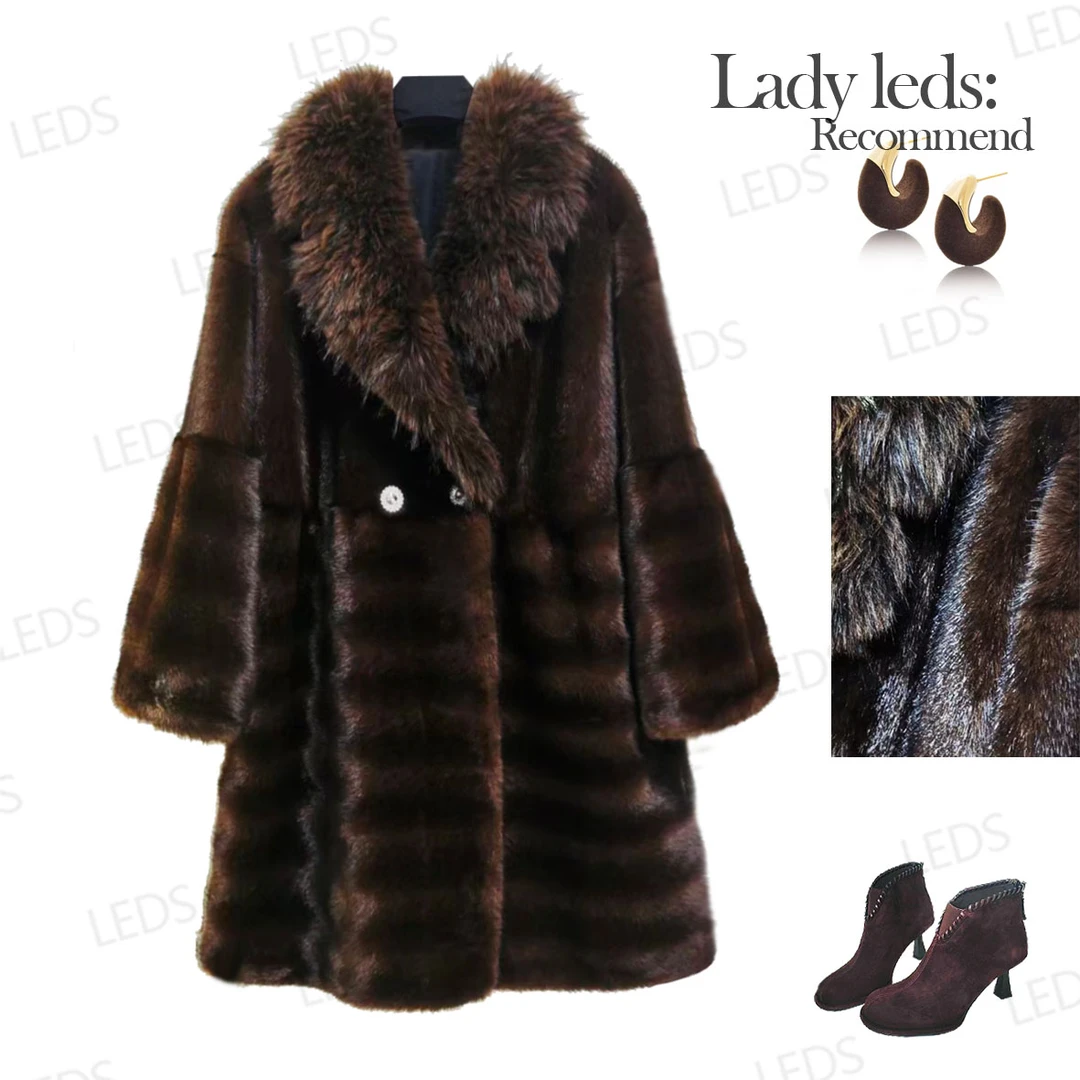 LEDS 25691冬日复古棕调龙猫毛领贵气时尚外套