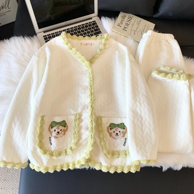 大学生秋冬款睡衣女棉夹层中厚甜美学生保暖家居服宽松小香风外出