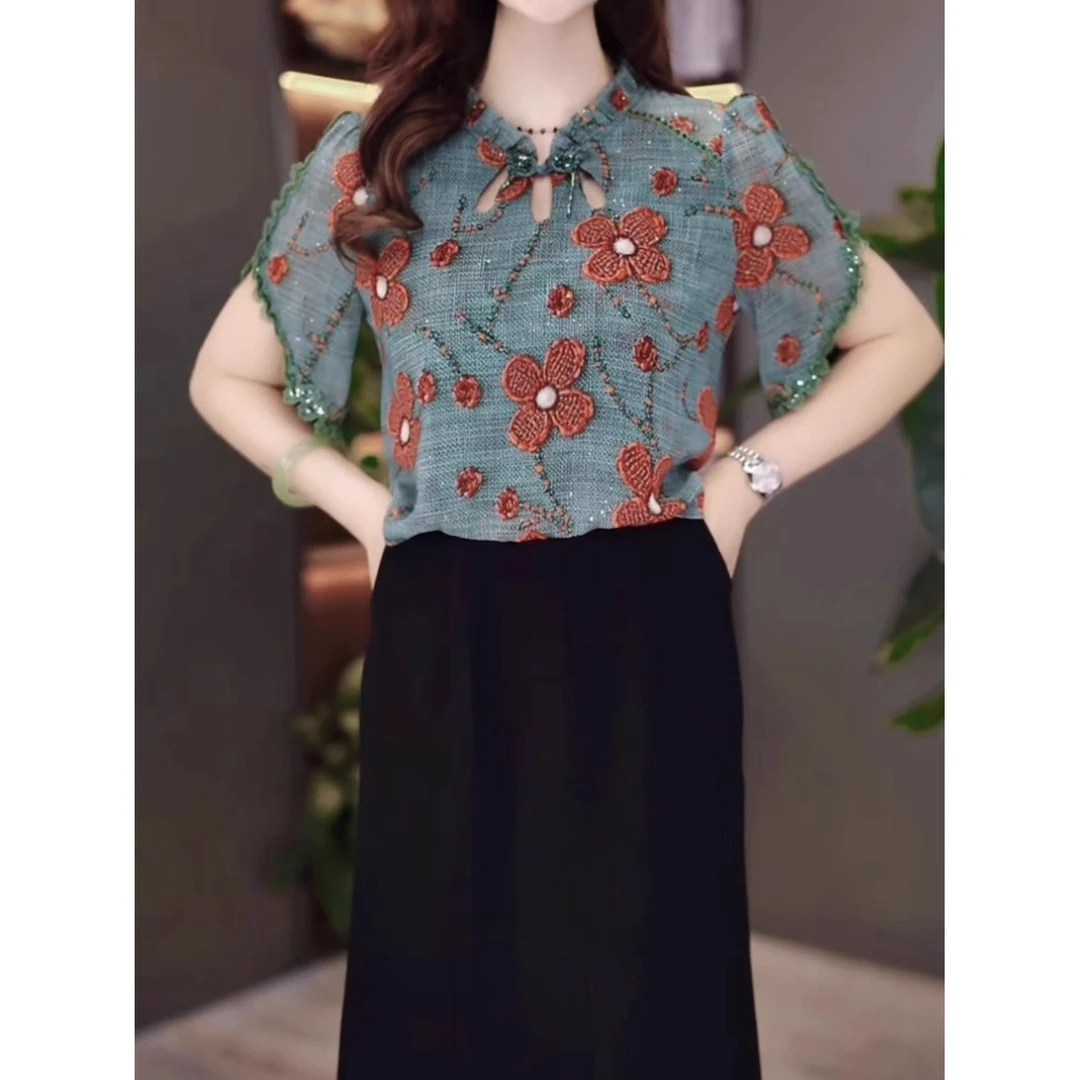 高级水晶琉璃丝时尚洋气假俩件礼服裙2025夏季新款中年妈妈连衣裙