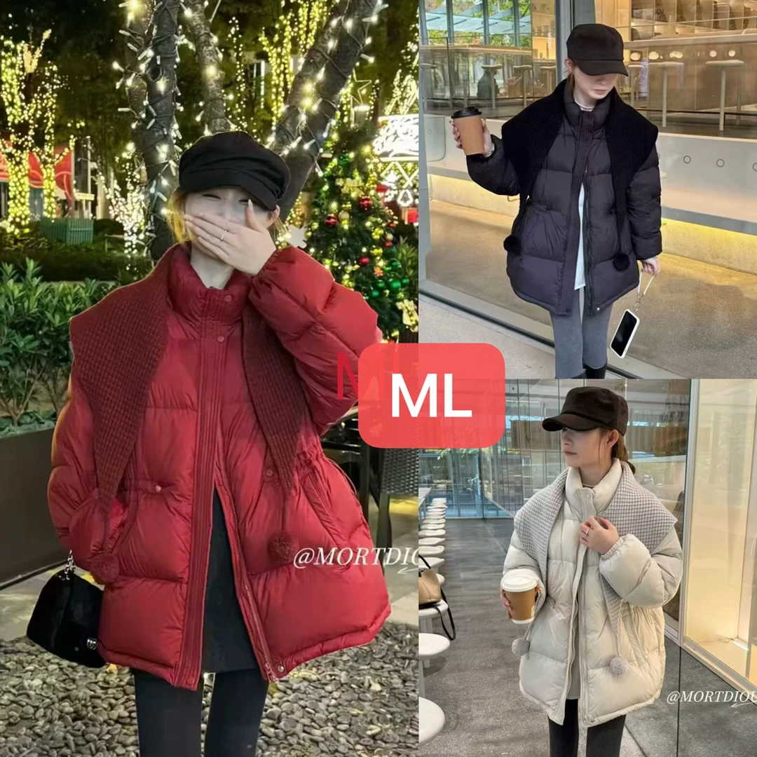 针织披肩棉服女2025冬季新款可爱百搭加厚保暖立领棉服潮