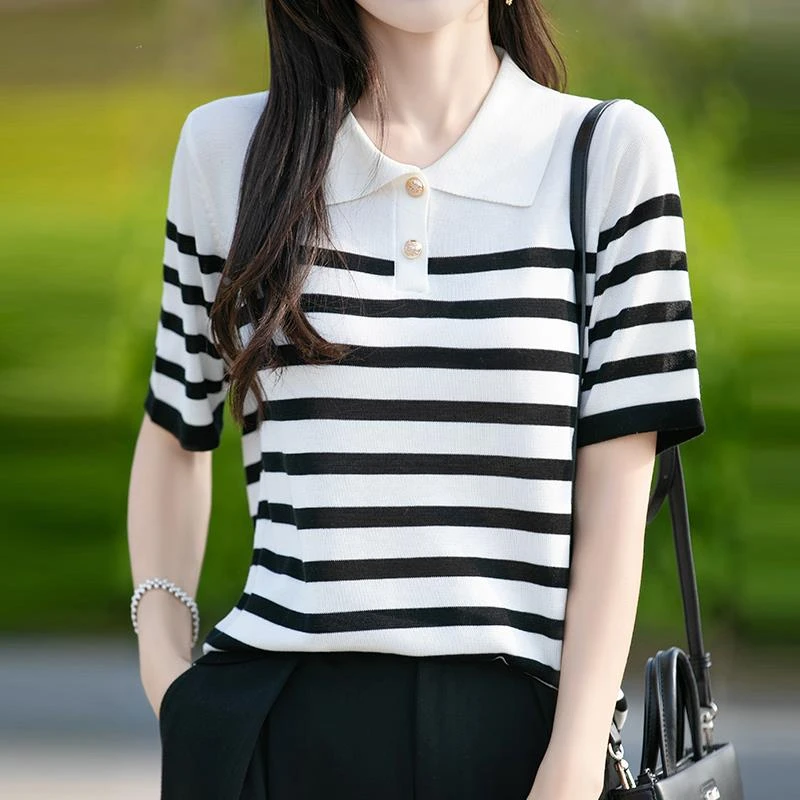 天丝短袖T恤女POLO领条纹减龄针织衫25夏新款凉爽莱塞尔半袖上衣