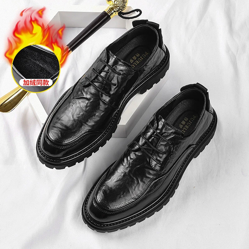 8667手抓纹新款真皮牛皮男士正装商务黑色韩版百搭潮流休闲结婚鞋