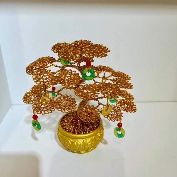 手工编织铝丝发财树办公桌面摆件汽车摆件14x14