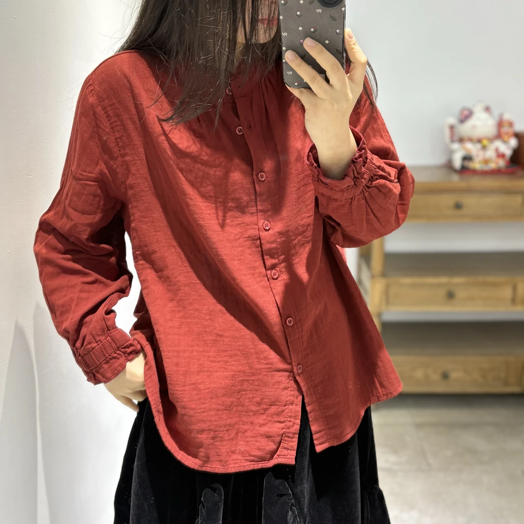 「木耳边立领」前后两穿春秋季新款宽松大版百搭纯棉双层棉纱衬衫女