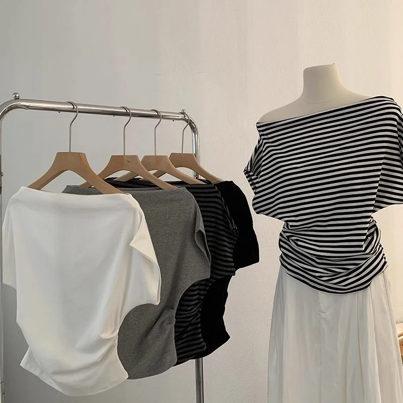 2025年夏装针织百搭一字肩条纹斜肩侧边褶皱显瘦上衣外穿T恤女装