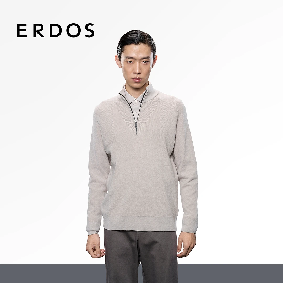 ERDOS 男装立领拉链羊毛针织衫25年早秋新品抽条肌理立挺套衫