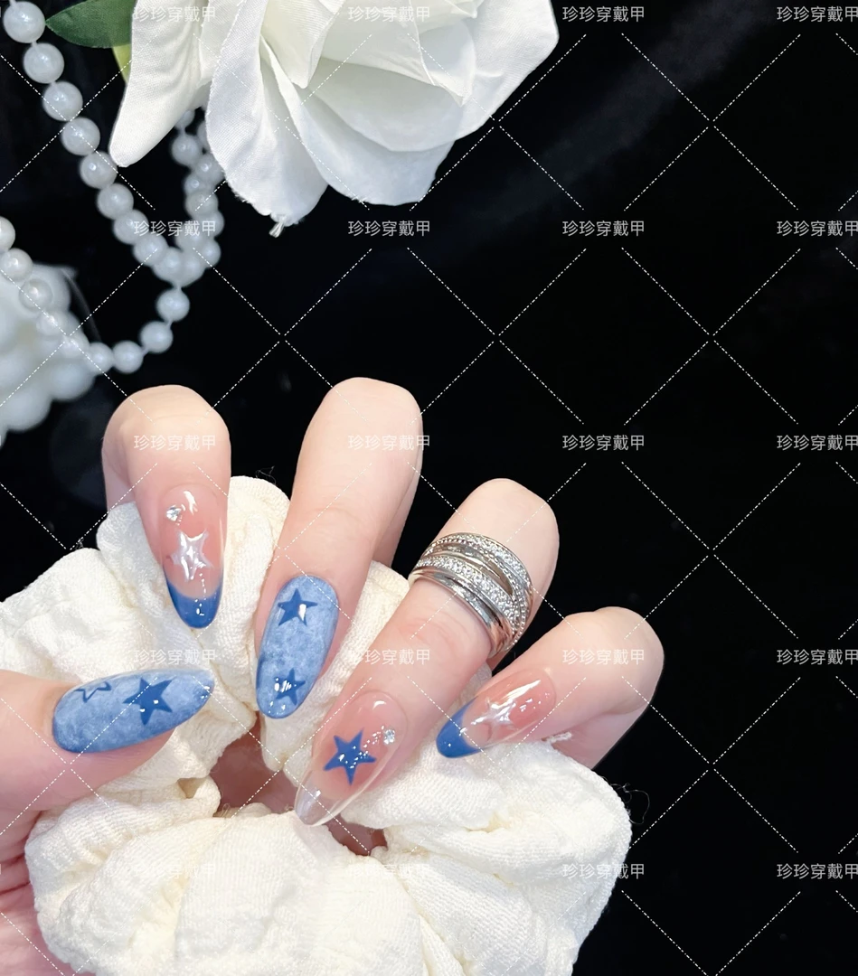 【星星牛仔】珍珍手工穿戴甲甜酷辣妹风牛仔蓝法式星星可拆卸美甲