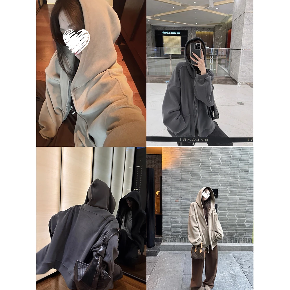素颜穿搭奥粒绒拉链连帽宽松卫衣外套女韩系宽松上衣 61026