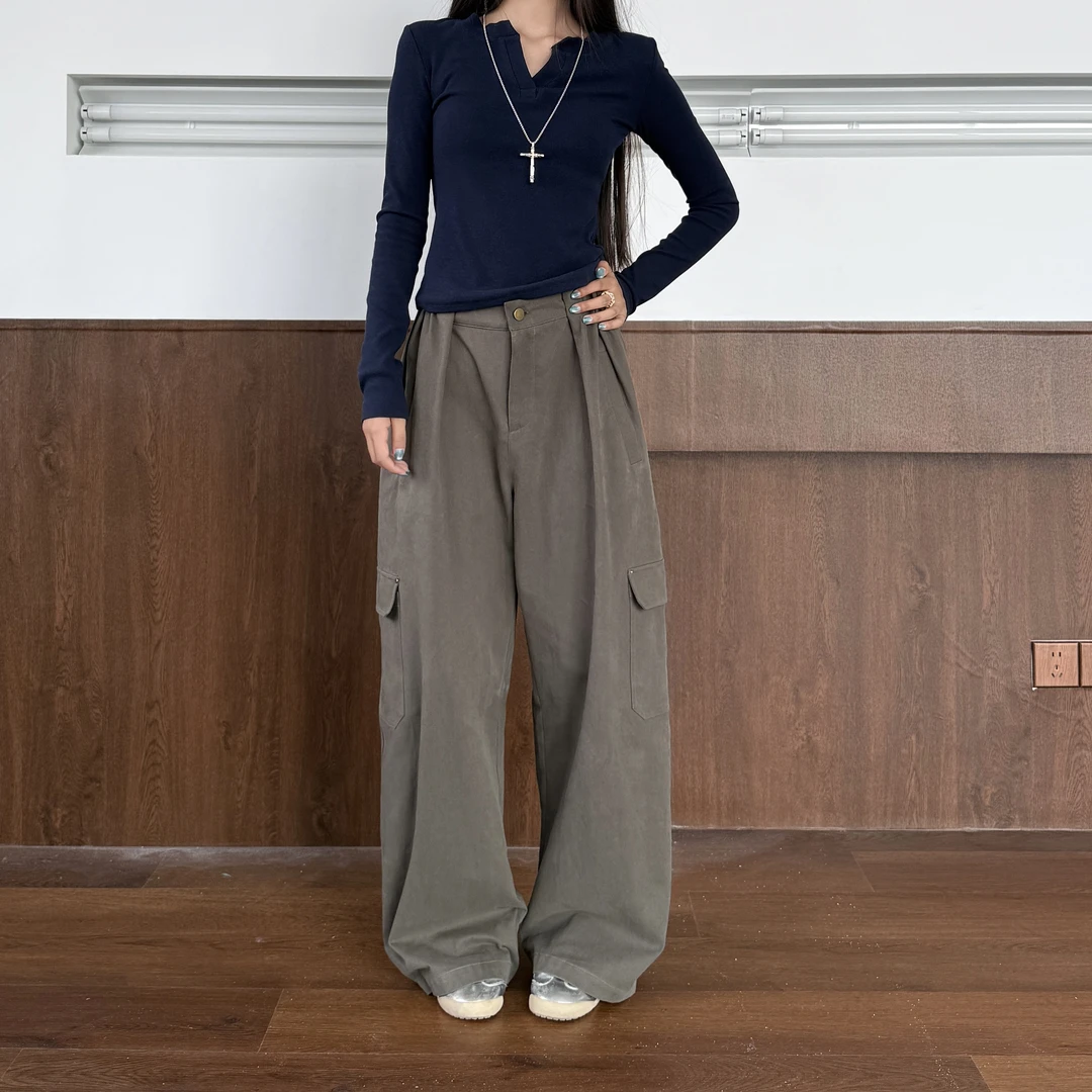 YANGKE早秋直筒工装裤女多口袋新款宽松阔腿休闲长裤美式复古潮流