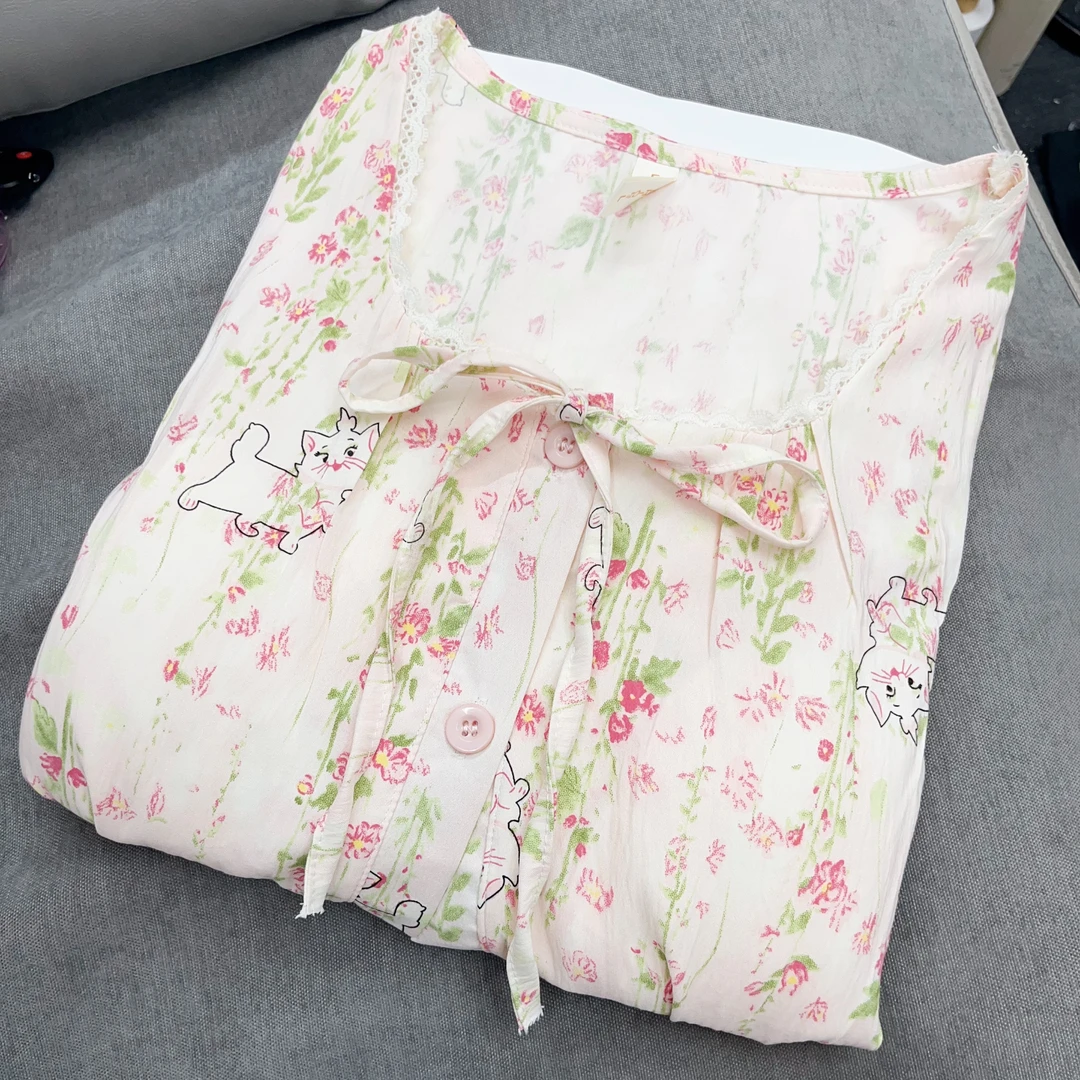 【R560】夏款花园小猫短袖短裤+长裤三件套+胸垫【开衫款】