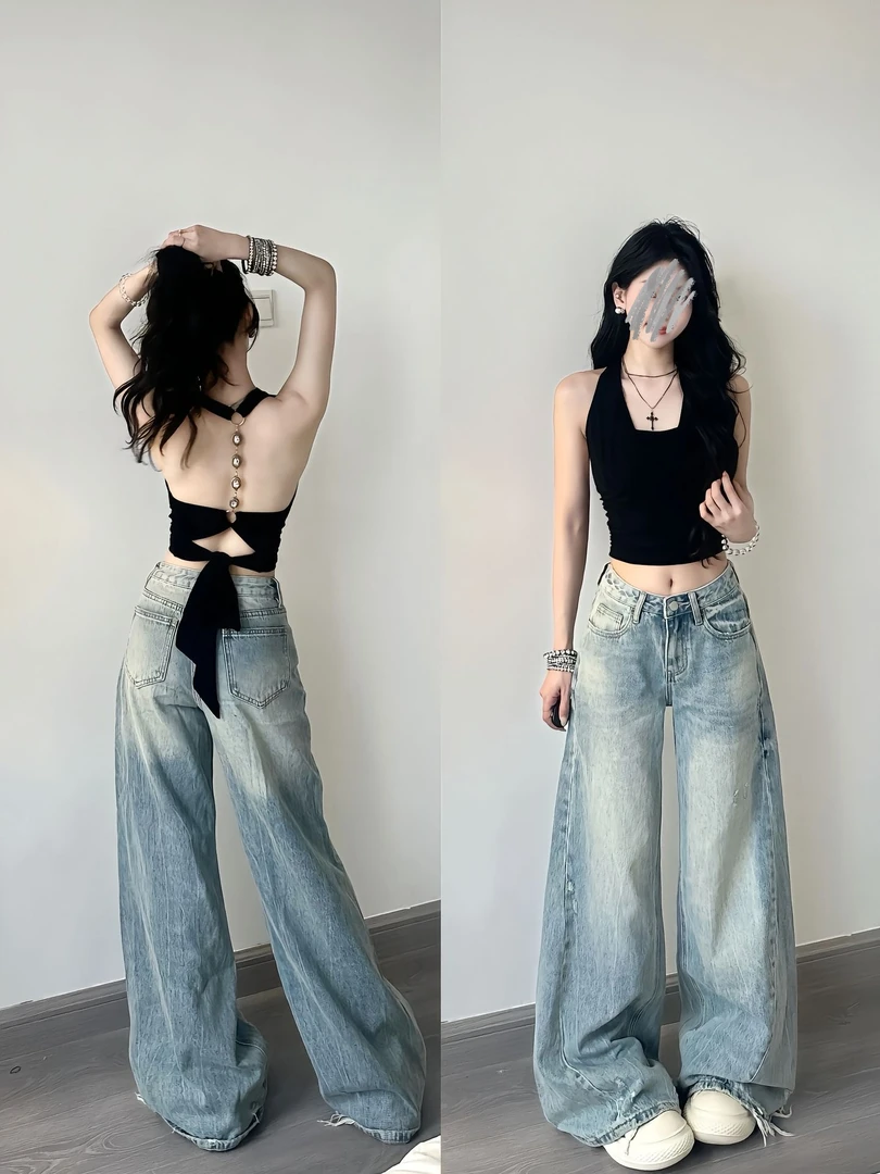 美背狙击挂脖绑带宽松性感露背吊带外穿夏季修身纯欲短上衣显瘦