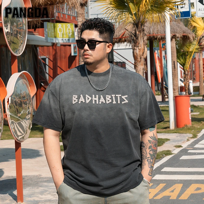 【渐变立体压花宽松短袖】PANGDA大码男装夏透气吸汗潮流圆领半袖