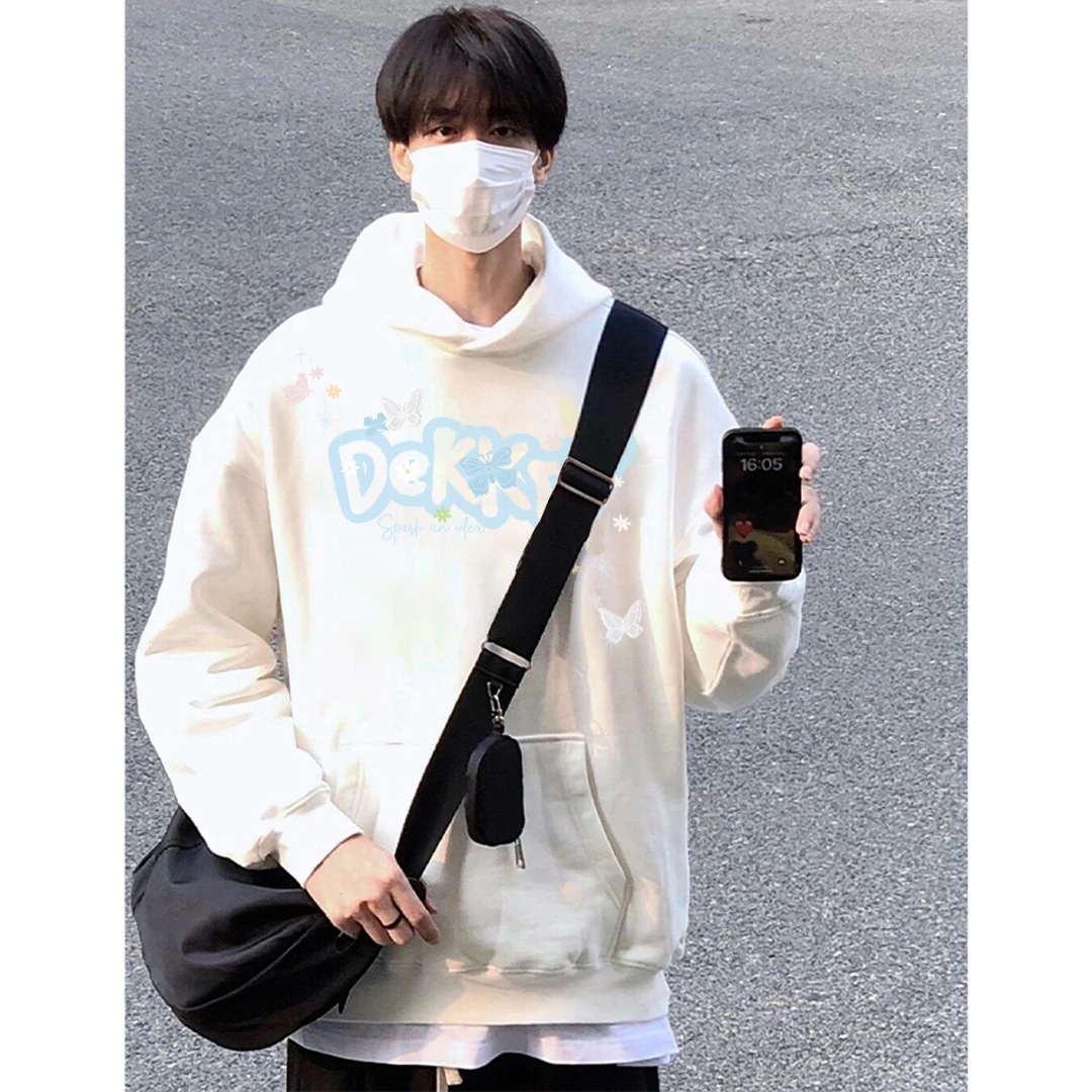 美式个性涂鸦蝴蝶字母印花休闲宽松连帽卫衣男女秋冬季情侣款上衣