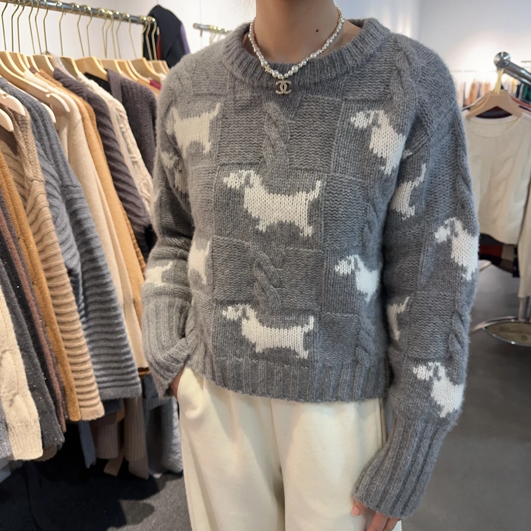 【糖堂】100%山羊绒短款重磅毛衣小狗图案tb款圆领小个子羊绒衫