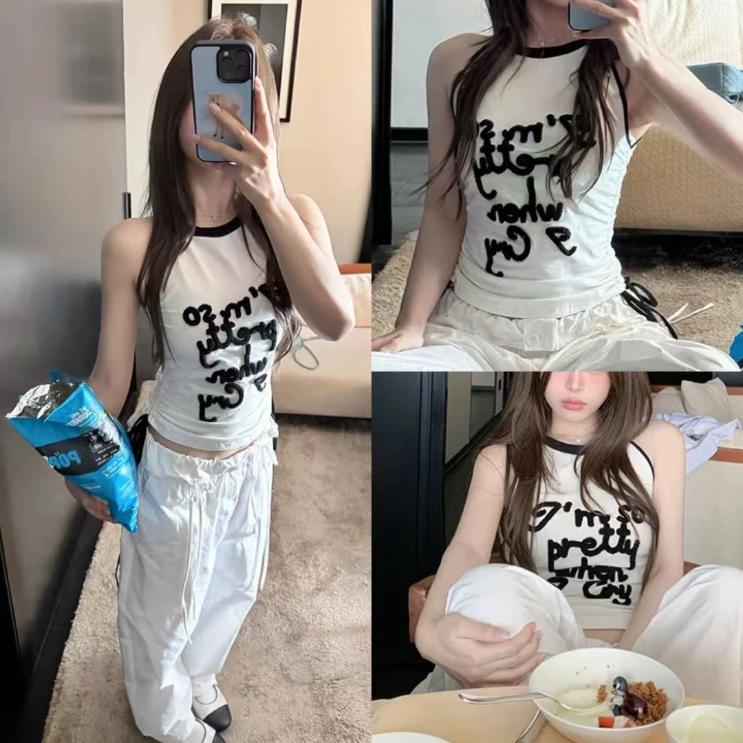 （浠儿家）拼色字母背心女夏季新款无袖t恤上衣