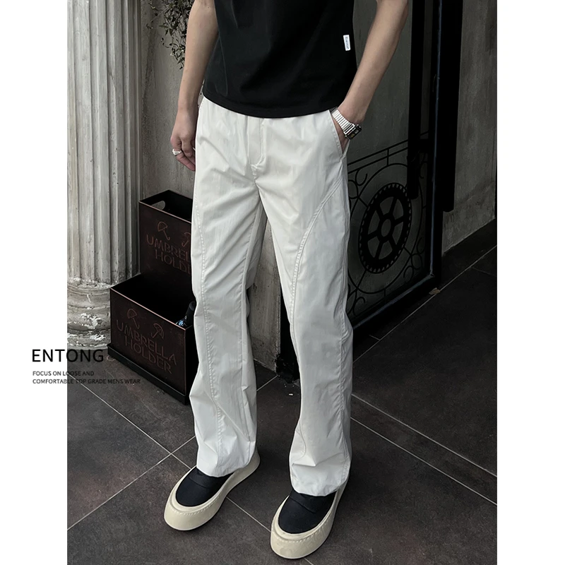 Entong美式基础斜切速干百搭休闲裤男生宽松显瘦潮牌直筒裤子
