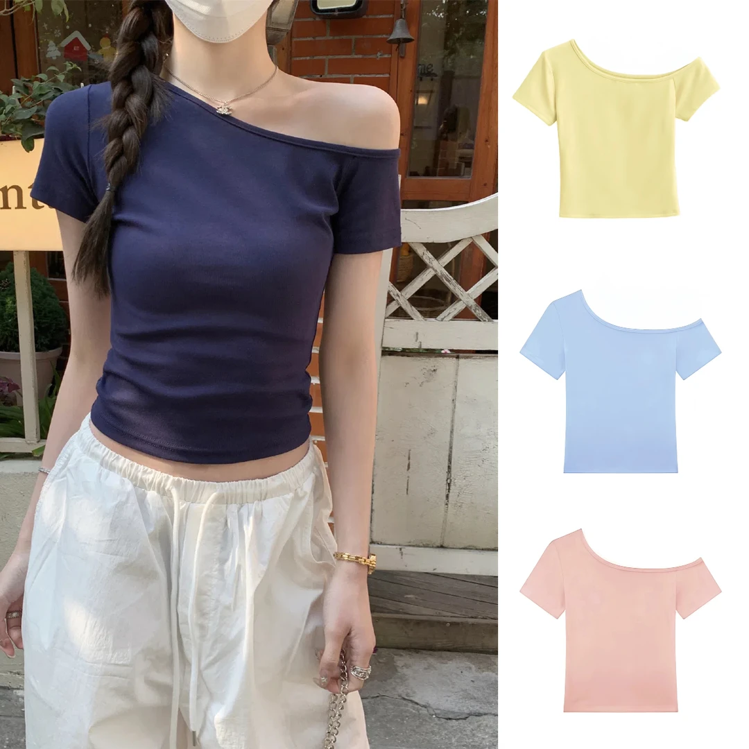 【6-8运补】小个子露肩短袖t恤女士夏季2025新款高级感修身斜肩上衣