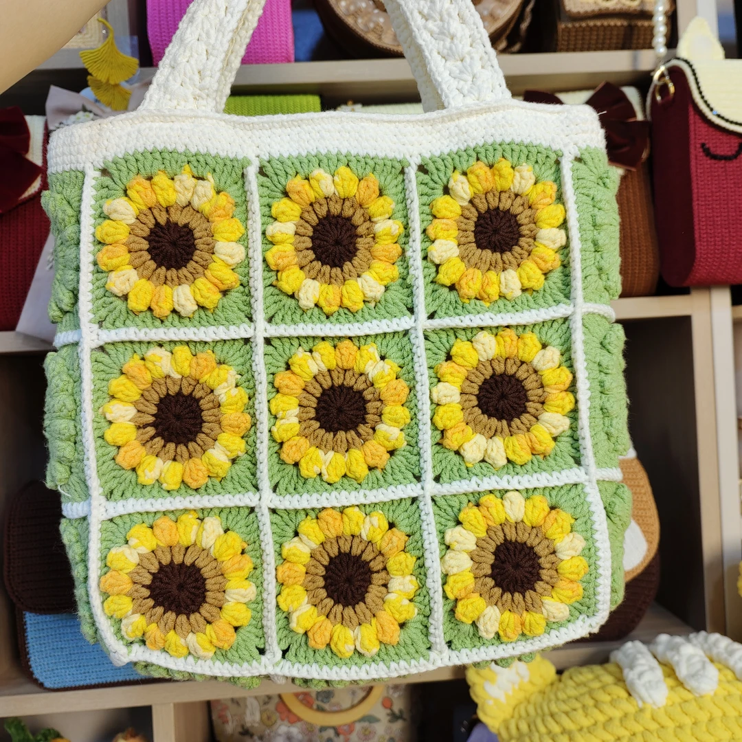 大容量双面立体向日葵钩织单肩包单肩编制休闲编织包包百搭手工包