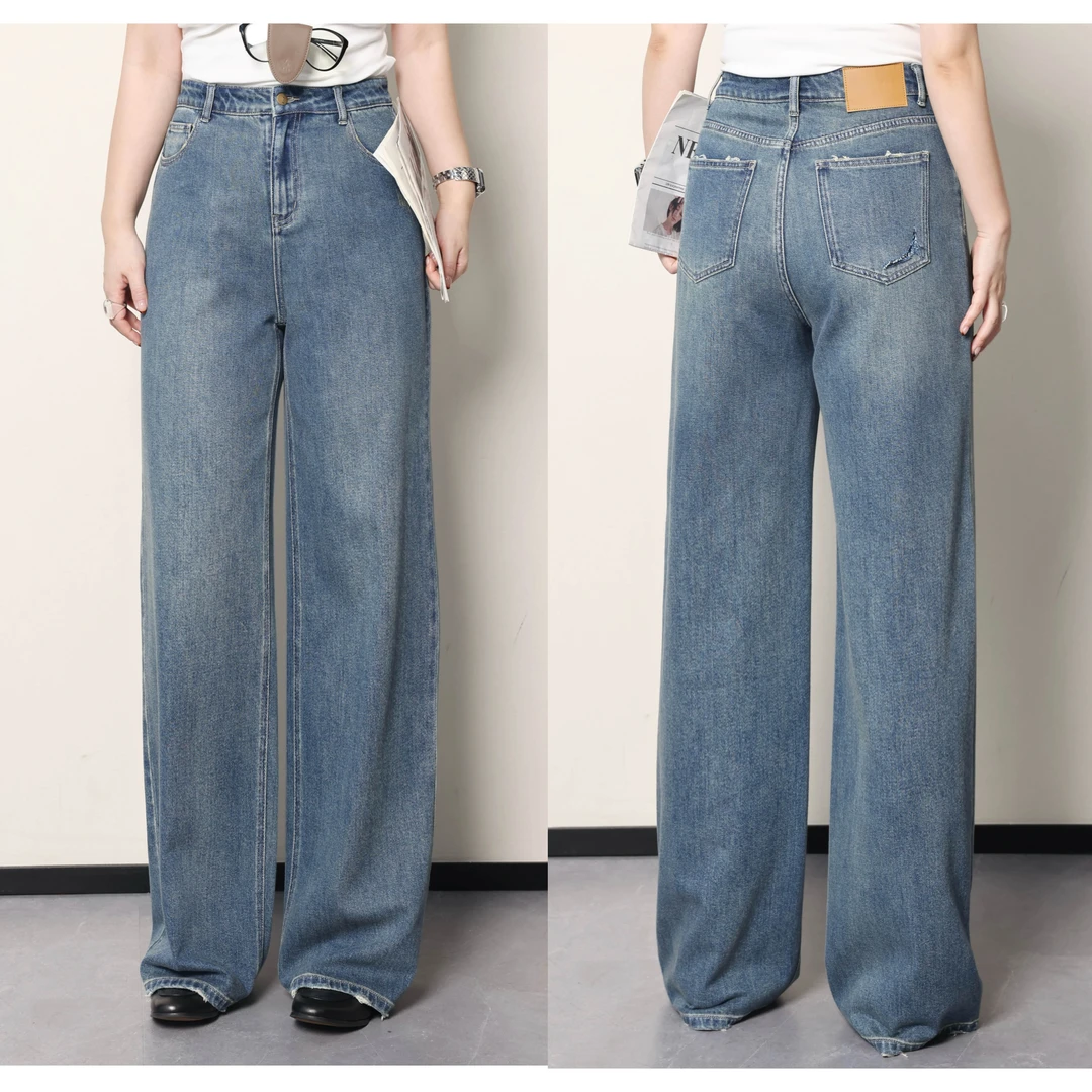 裂渡杨杨【梨形福音】微胖大码女秋宽松高腰显瘦直筒牛仔裤ZY407L82