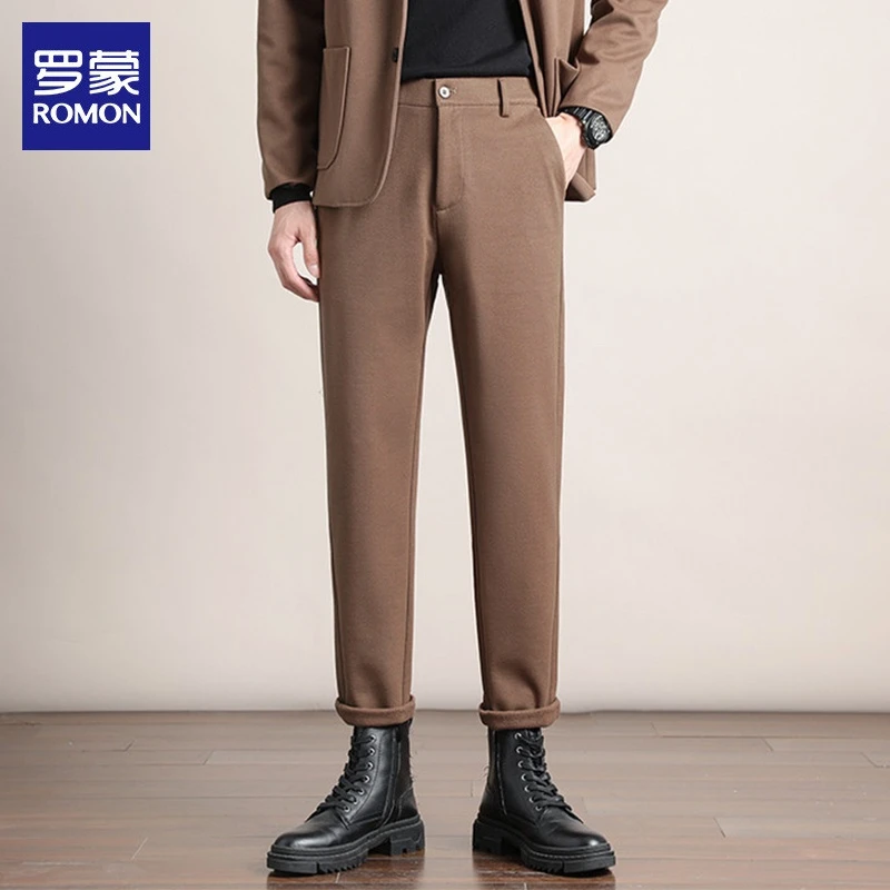 罗蒙毛呢休闲裤男士秋季新款商务九分西裤宽松直筒加绒长裤子男裤