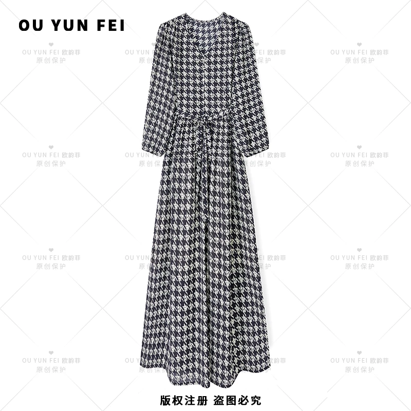 【千鸟格】女装连衣裙高级显瘦秋季气质时尚碎花长裙轻奢长裙F1788