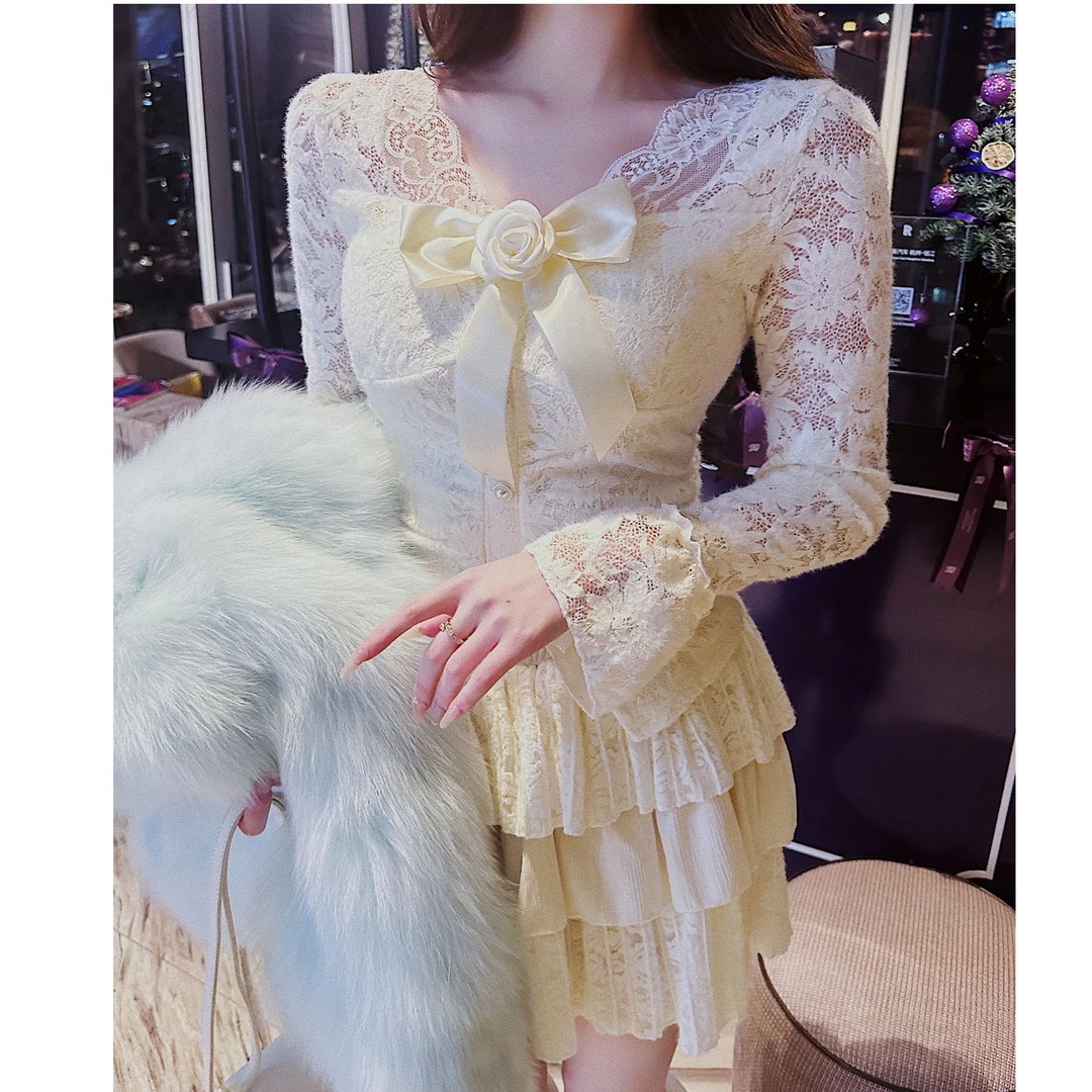 【玫瑰之心】法式V领蕾丝甜辣针织衫半裙套装XS40713